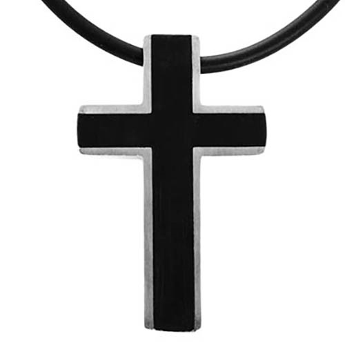 Halskæde med kors i sort og rustfrit stål